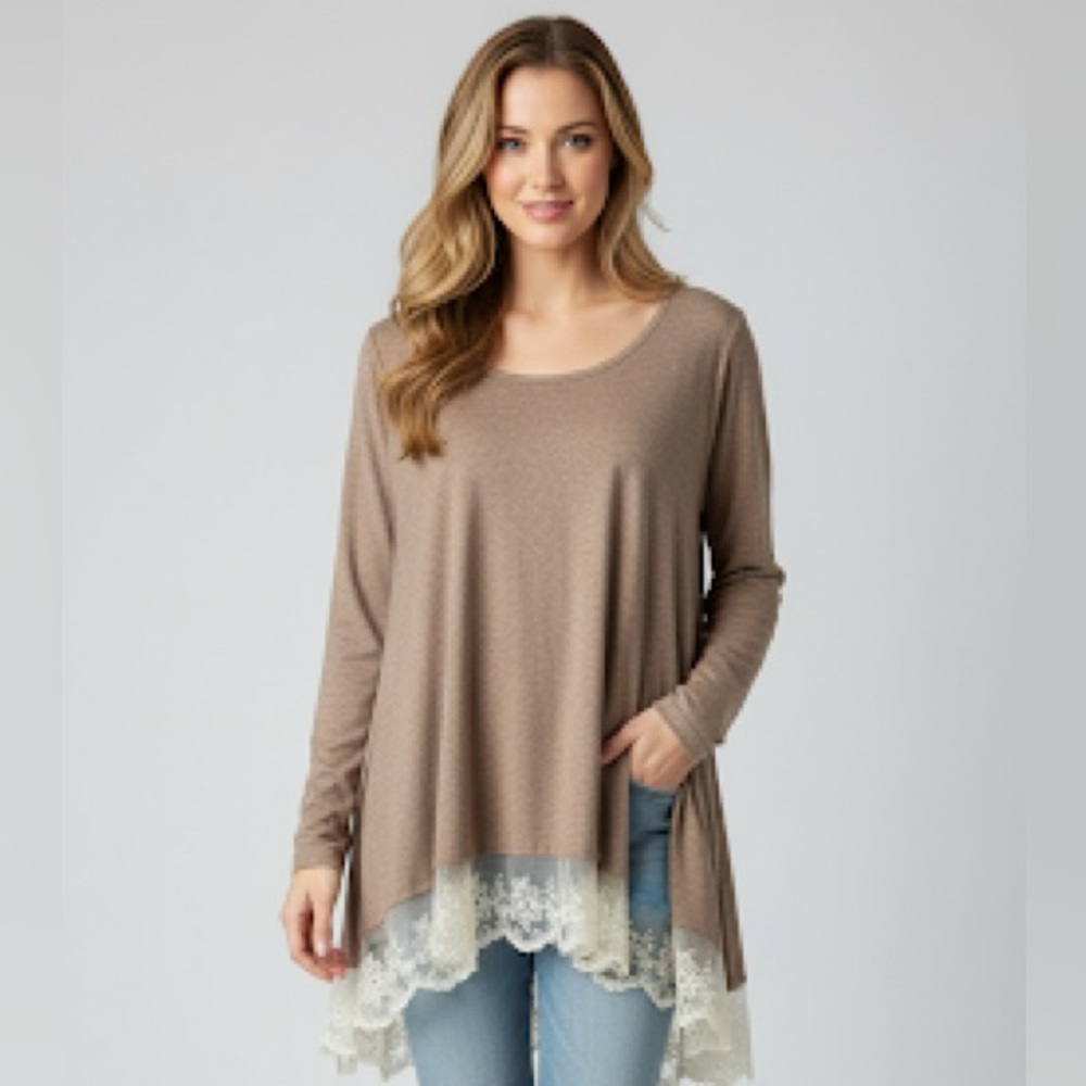 Women’s Lace Long sleeve A-line Tunic Top Taupe